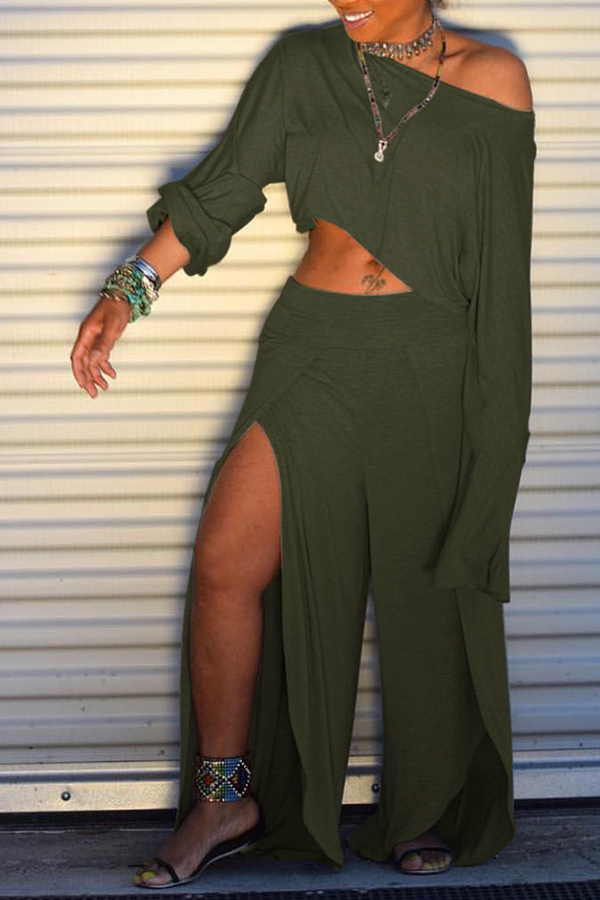 

Lovely Trendy Side High Slit Green Two-piece Pants Set