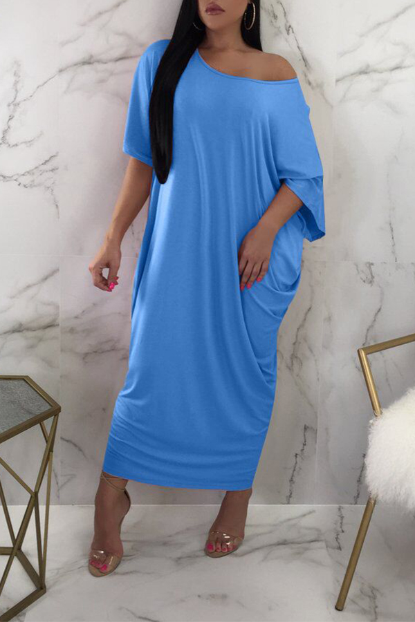 

Lovely One Shoulder Light Blue Ankle Length Dress(With Elastic)