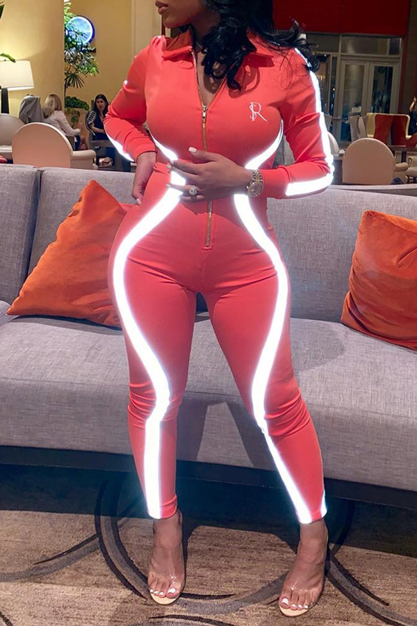 

Lovely Casual Zipper Design Orange One-piece Jumpsuit(With Elastic)