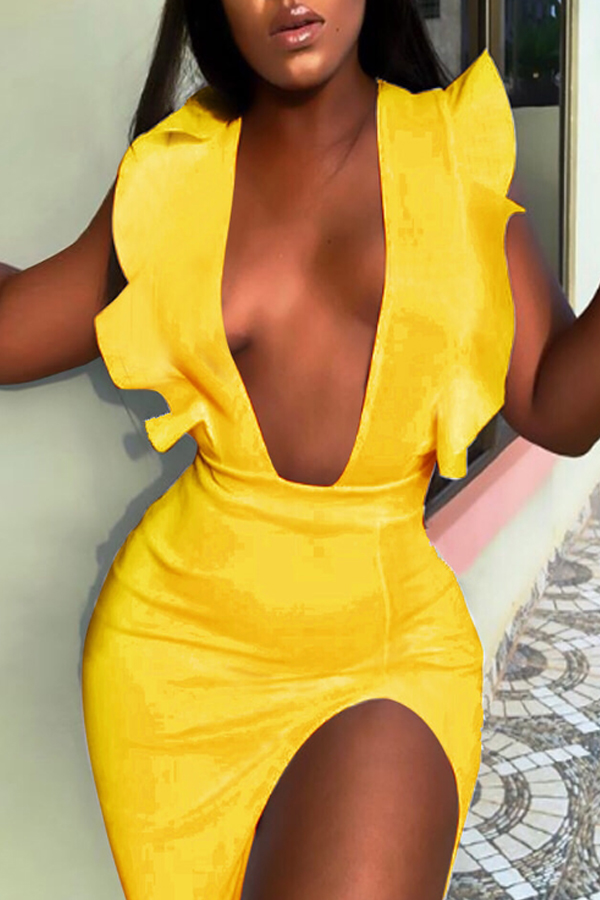 

Lovely Sexy Deep V Neck Yellow Mini Dress(With Elastic)