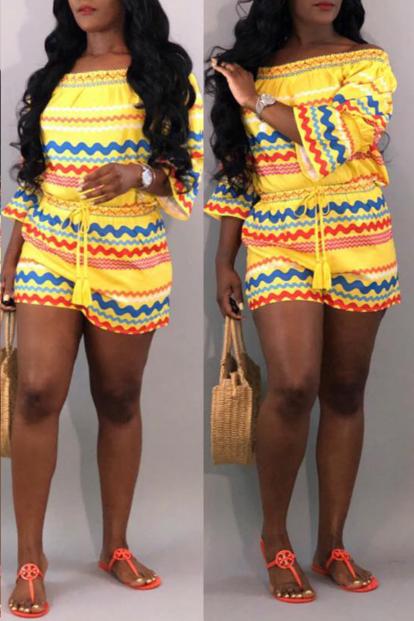 

Lovely Off The Shoulder Wave Printed Yellow One-piece Romper(With Elastic)