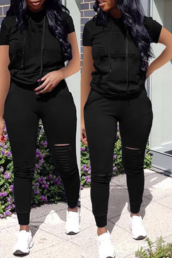 

Lovely Casual Broken Holes Black Two-piece Pants Set