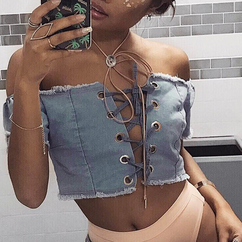 

Lovely Leisure Lace-up Hollow-out Light Blue Denim Blouse