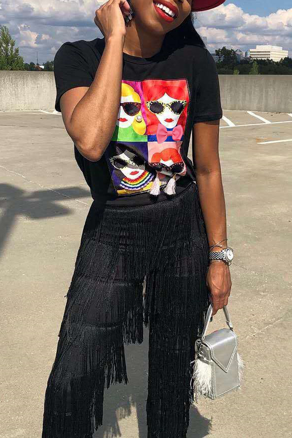 

Lovely Fashion Cartoon Printed Black T-shirt