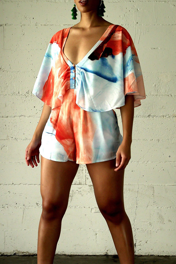 

Lovely Bohemian Printed Backless Orange Loose One-piece Romper