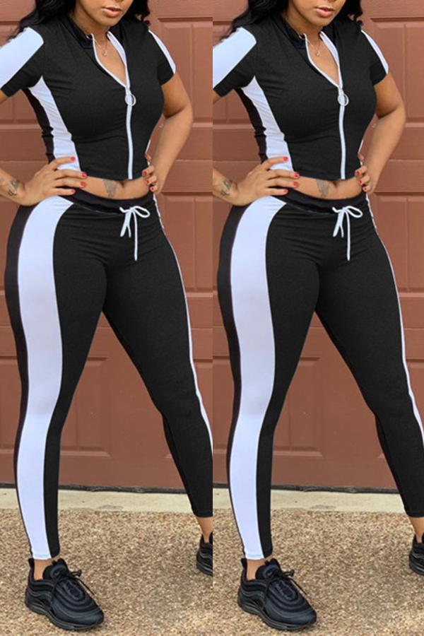 

Lovely Casual Patchwork Black Two-piece Pants Set