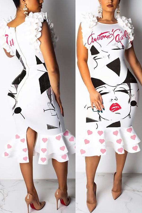 Lovely Trendy Cartoon Printed White Mid Calf Dress
