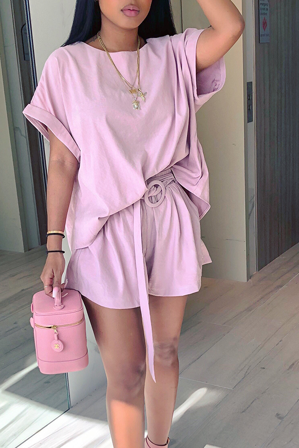 

Lovely Casual Short Sleeve Pink Two-piece Shorts