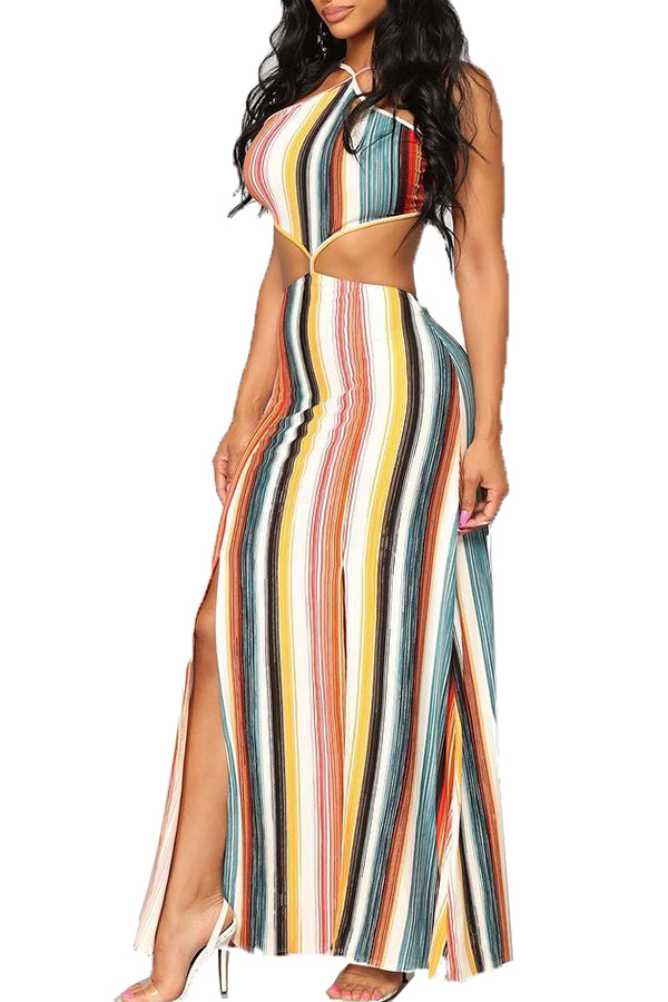 

Lovely Sexy Halter Neck Striped Hollow-out Ankle Length Dress