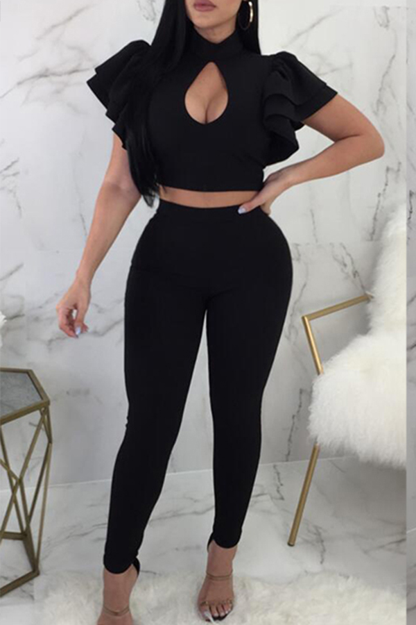 

Lovely Trendy Ruffle Sleeve Hollow-out Black Two-piece Pants Set