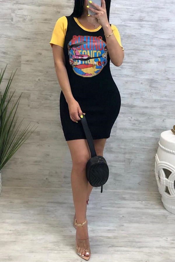

Lovely Casual O Neck Letter Printed Black Mini Dress