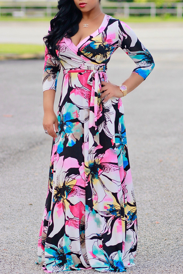 

Lovely Bohemian V Neck Printed Lace-up Pink Ankle Length Dress