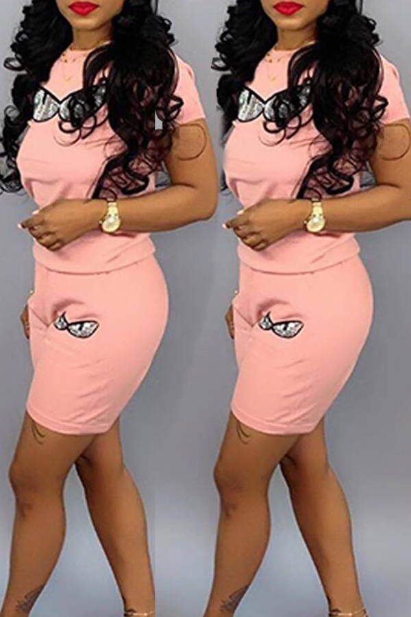 

Lovely Leisure Printed Light Pink Two-piece Shorts Set