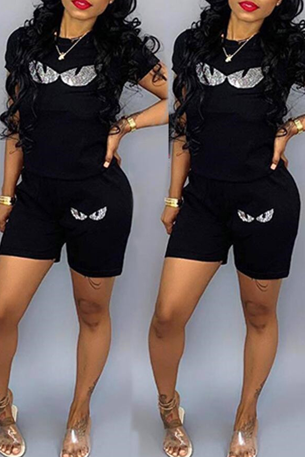 Lovely Leisure Printed Black Two-piece Shorts Set