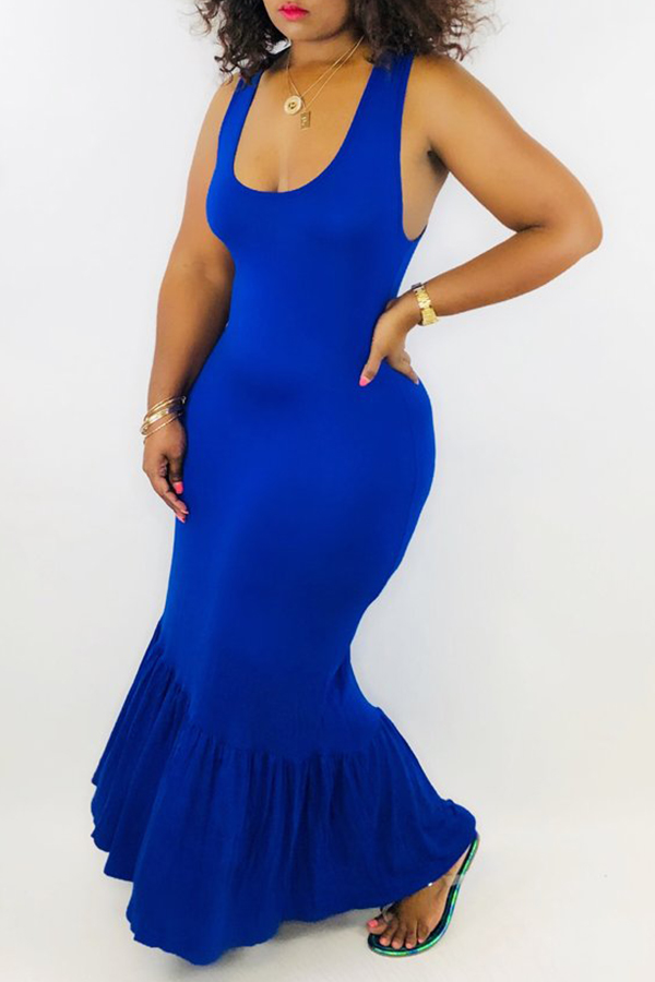 

Lovely Stylish Sleeveless Ruffle Design Blue Ankle Length Maxi Dress