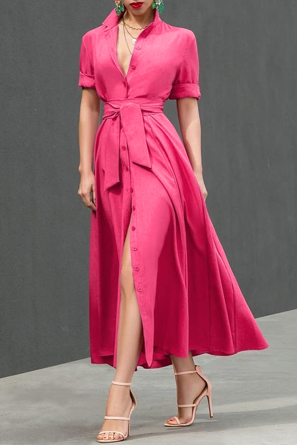 

Lovely Stylish Turndown Collar Buttons Design Rose Red Ankle Length Dress