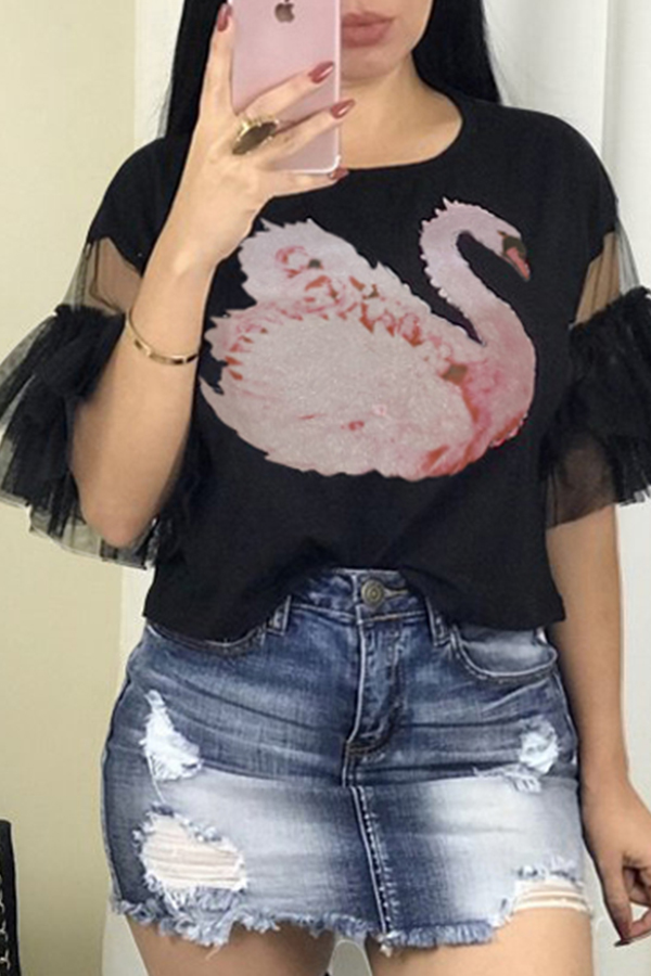 

Lovely Sweet Mesh Patchwork Black Blouse
