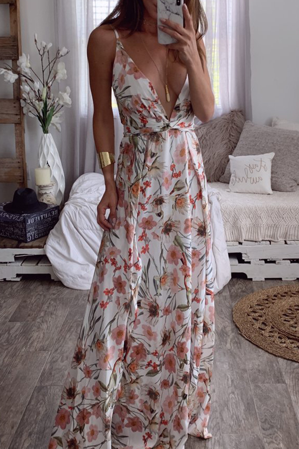

Lovely Stylish V Neck Printed White Floor Length A Line Dress