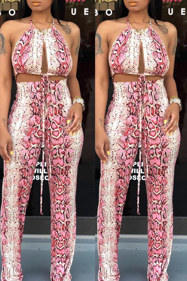 

Lovely Sexy Halter Neck Snakeskin Grain Printed Pink Two-piece Pants Set
