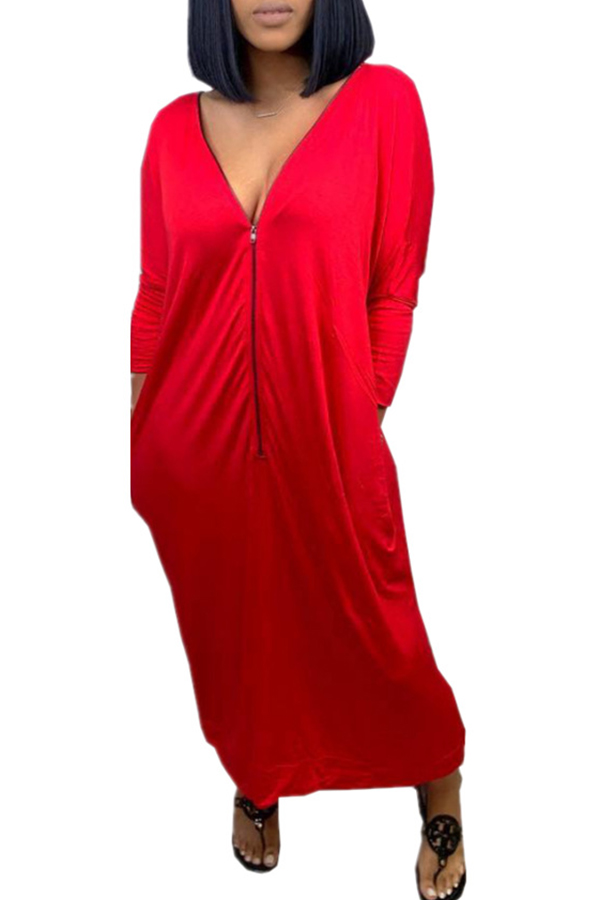

Lovely Casual V Neck Zipper Design Red Mid Calf Dress