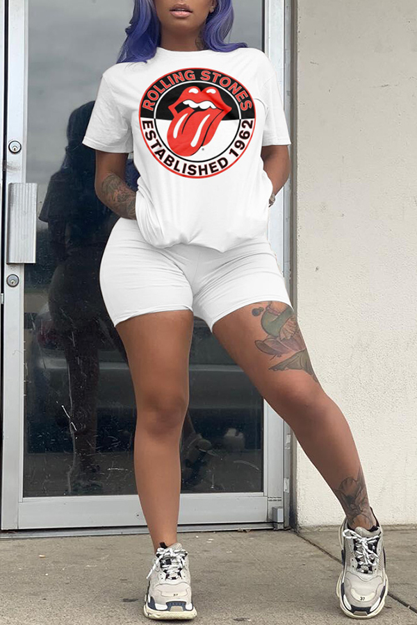 

Lovely Casual O Neck Printed White Two-piece Shorts Set