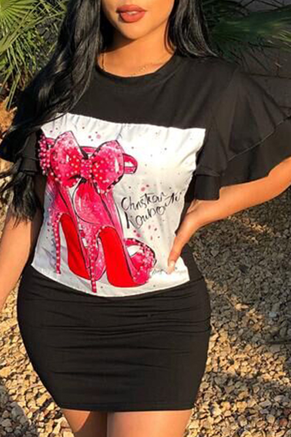 

Lovely Casual O Neck Printed Black Mini Dress