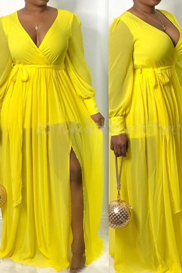 

Lovely Bohemian V Neck Gauze Patchwork Yellow Floor Length A Line Dress(Nonelastic)