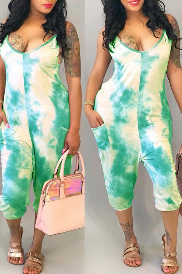 

Lovely Leisure V Neck Tie-dye Green Loose One-piece Jumpsuit