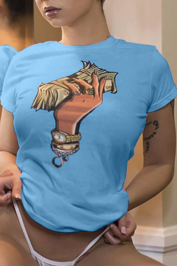 

Lovely Casual Round Neck Cartoon Printed Baby Blue T-shirt