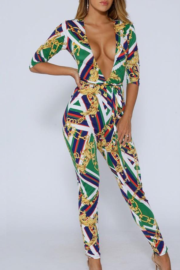 

Lovely Sexy Deep V Neck Printed Green One-piece Jumpsuit