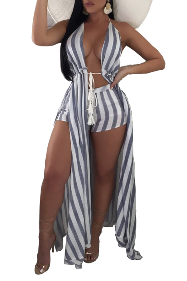 

Lovely Casual Striped Lace-up Baby Blue Two-piece Shorts Set