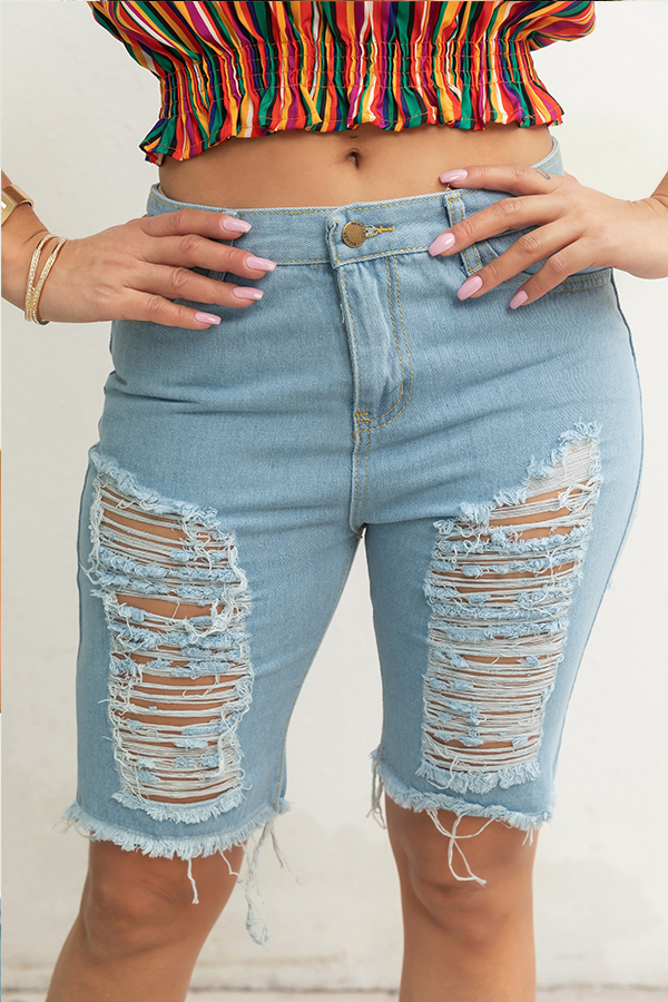

Lovely Casual Broken Holes Baby Blue Jeans