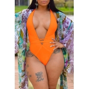 Lovely Sexy Deep V Neck Hollow-out Orange One-piec
