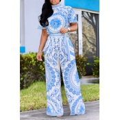 Lovely Casual Printed Loose Baby Blue One-piece Ju