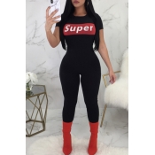 Lovely Casual Letter Printed Black One-piece Jumps