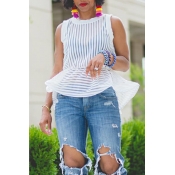 Lovely Casual Striped Patchwork White Blouses(With