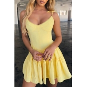 Lovely Trendy Ruffle Design Yellow Mini Dress