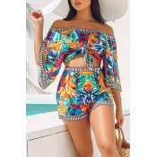 Lovely Off The Shoulder Printed Two-piece Shorts S