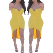 Lovely Casual Asymmetrical Yellow Dress(With Elast