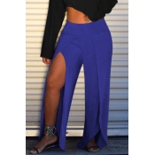 Lovely Casual High Split Blue Pants(With Elastic)