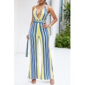 Lovely Sexy Halter Neck Striped Yellow One-piece J
