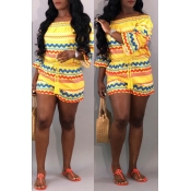 Lovely Off The Shoulder Wave Printed Yellow One-pi