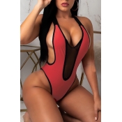Lovely V Neck Backless Red One-piece Swimwear