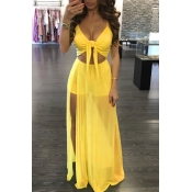 Lovely Sexy V Neck Hollow-out Yellow Floor Length 