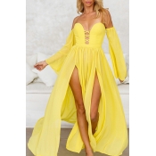 Lovely Sexy Hollow-out High Split Yellow Ankle Len
