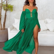 Lovely Sexy Hollow-out High Split Green Ankle Leng