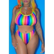 Lovely Chic Rainbow Striped Two-piece Swimwear(Wit