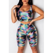 Lovely Casual Printed Baby Blue Two-piece Shorts S