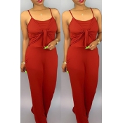 Lovely Casual Knot Design Red One-piece Jumpsuit