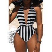 Lovely Casual Striped Black And White One-piece Sw